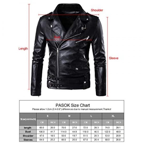 PASOK Men's PU Leather Jacket Causal Belted Faux Leather Motorcycle Jacket Zipper Biker Coat