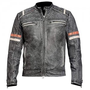 Prime-Fashion Mens Cafe Racer Vintage Motorcycle Distressed Retro Biker Leather Jacket