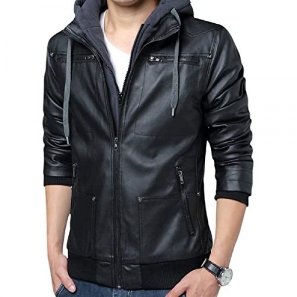 Springrain Men's Casual Slim Removable Hood Faux Leather Jackets