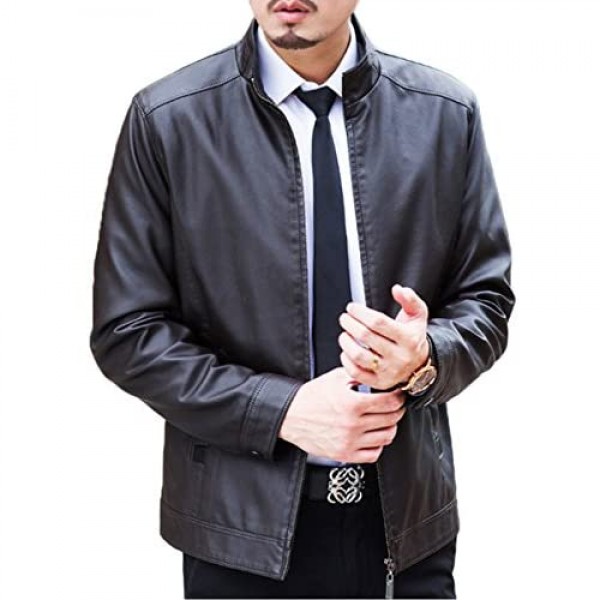 Springrain Men's Casual Stand Collar Slim PU Leather Softshell Bomber Jacket