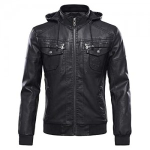 Tanming Men's Fleece Lined Motorcycle PU Faux Leather Jacket with Removable Hood