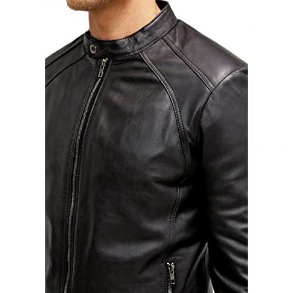 The Leather Factory Men's Maximus Black Genuine Lambskin Leather Biker Jacket