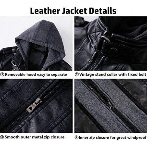 TREKEK Men's Faux Leather Jacket Winter Warm Fleece Lined Motorcycle Bomber Jackets with Removable Hood