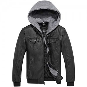 Wantdo Men's Faux Leather Jacket Motorcycle Jacket Bomber Slim Fit Outwear with Removable Hood