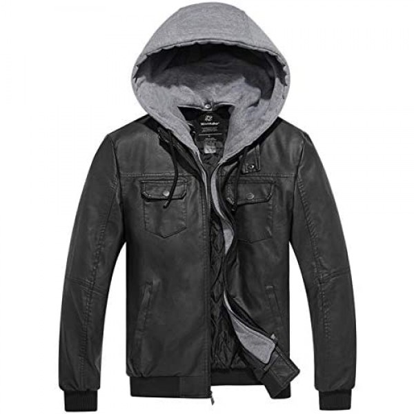 Wantdo Men's Faux Leather Jacket Motorcycle Jacket Bomber Slim Fit Outwear with Removable Hood