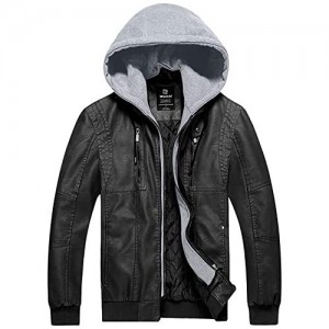 Wantdo Men's Faux Leather Jacket Motorcycle PU Warm Coat Biker Coat with Removable Hood