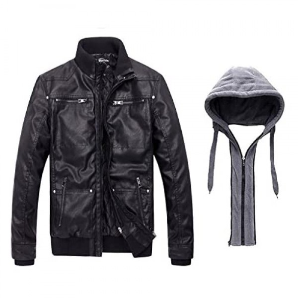 Wantdo Men's Lightweight Faux Leather Jacket with Removable Hood Motorcycle Casual Vintage Coat