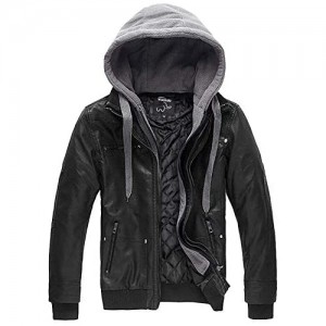 Wantdo Men's Lightweight Faux Leather Jacket with Removable Hood Motorcycle Casual Vintage Coat