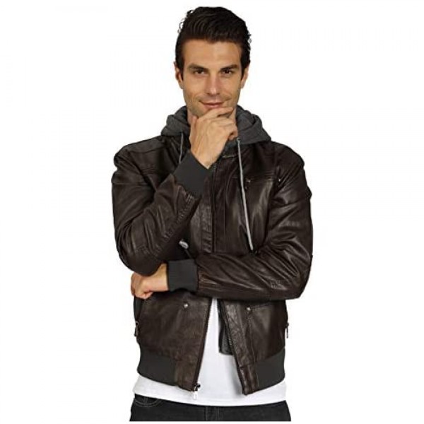 WULFUL Men's Casual Faux Leather Jacket with Removable Hood Pu Winter Outwear