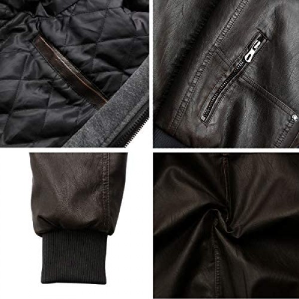 WULFUL Men's Casual Faux Leather Jacket with Removable Hood Pu Winter Outwear