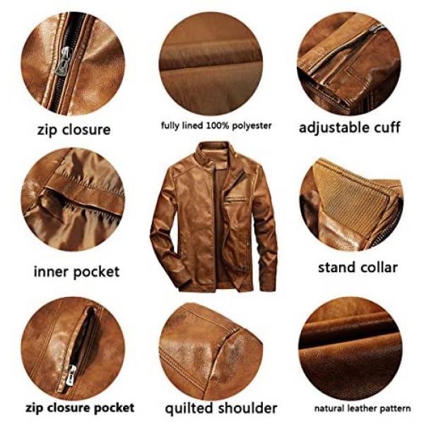 WULFUL Men's Stand Collar Leather Jacket Motorcycle Lightweight Faux Leather Outwear