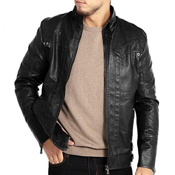 WULFUL Men's Vintage Stand Collar Leather Jacket Motorcycle PU Faux Leather Outwear