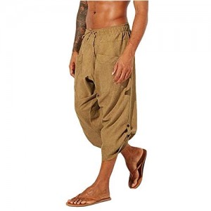 Gafeng Mens Yoga Capri Pants Casual Baggy Elastic Waist Drawstring Gym Sports Cotton Shorts 3/4 Pants with Pockets