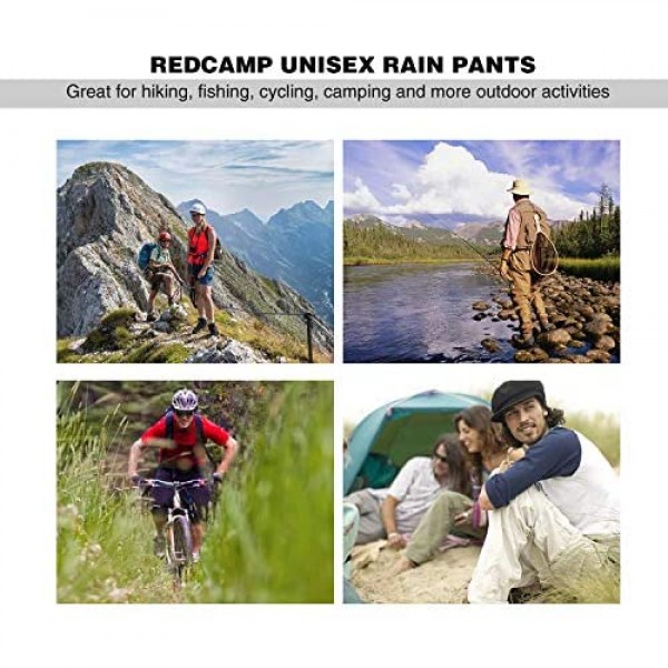 REDCAMP Unisex Rain Pants Waterproof Lightweight with Side Zipper M/L/XL/XXL PU5000mm Great for Hiking Outdoor Black