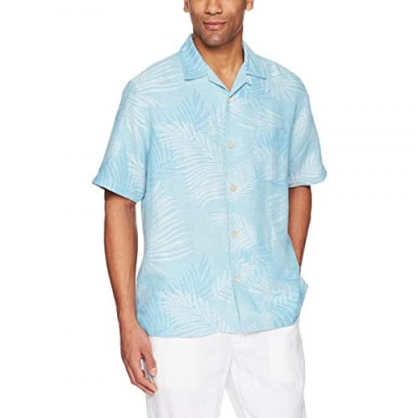 Brand - 28 Palms Men's Relaxed-Fit Silk/Linen Tropical Leaves Jacquard Shirt
