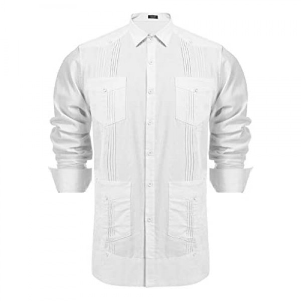 COOFANDY Men's Long Sleeve Cuban Guayabera Shirt Casual Button Down Cotton Linen Beach Wedding Shirt