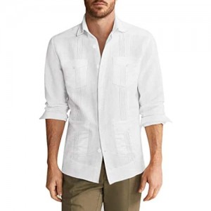 COOFANDY Men's Long Sleeve Cuban Guayabera Shirt Casual Button Down Cotton Linen Beach Wedding Shirt