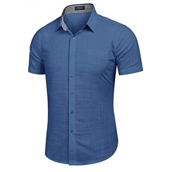 COOFANDY Men's Regular-Fit Short-Sleeve Solid Linen Cotton Shirt Casual Button Down Beach Shirt Blue