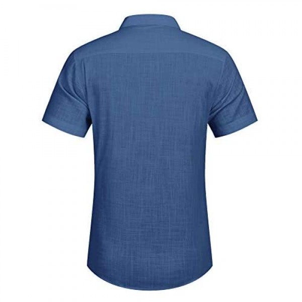 COOFANDY Men's Regular-Fit Short-Sleeve Solid Linen Cotton Shirt Casual Button Down Beach Shirt XL Blue