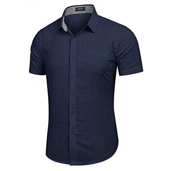 COOFANDY Men's Regular-Fit Short-Sleeve Solid Linen Cotton Shirt Casual Button Down Beach Shirt Navy Blue
