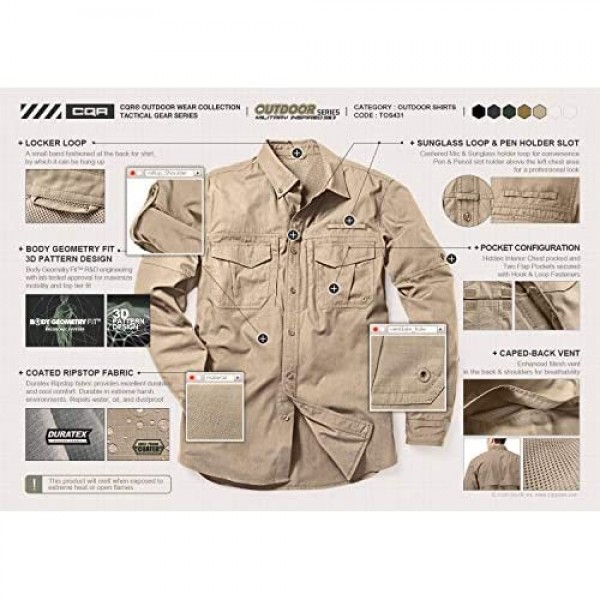 CQR Men's Long Sleeve Work Shirts Ripstop Military Tactical Shirts Outdoor UPF 50+ Breathable Button Down Hiking Shirt