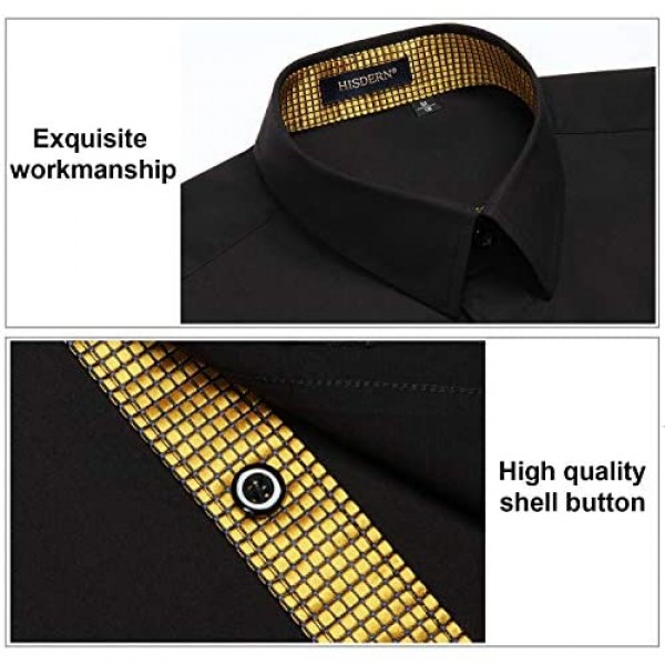 HISDERN Men's Inner Contrast Casual Shirts Formal Classic Button Down Dress Shirt Long Sleeve Printed Collar Slim Fit