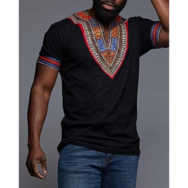 Makkrom Mens African Dashiki T Shirt Tribal Floral Print V Neck Slim Fit Shirts Tops