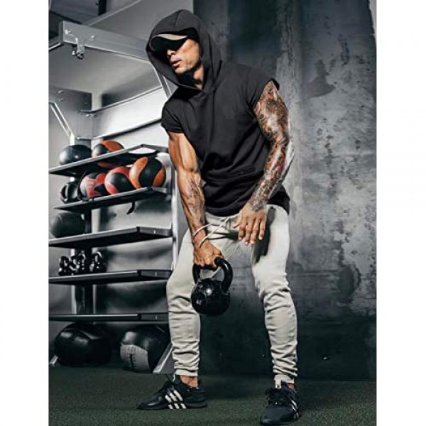 Mens Workout Tank Tops with Hood Sleeveless Gym t-Shirt Muscles Tees Athletic Pockets