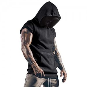 Mens Workout Tank Tops with Hood Sleeveless Gym t-Shirt Muscles Tees Athletic Pockets