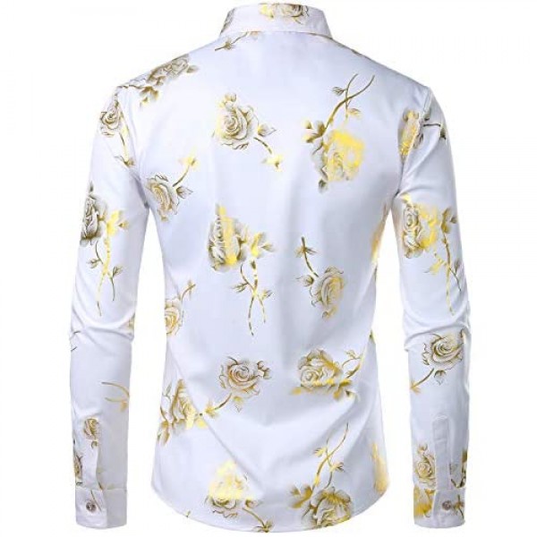 ZEROYAA Men's Nightclub Shiny Golden 3D Rose Printed Slim Fit Button Down Party Dress Shirt