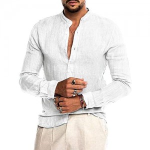 AUDATE Men's Cotton Shirt Long Sleeve Button Down Shirts Casual Banded Collar Henley Shirt