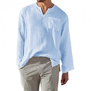 AUDATE Mens Shirts Casual Cotton Linen Shirt Long Sleeve Henley Shirt Summer Beach Shirt
