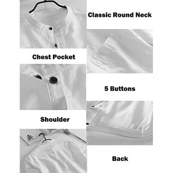 Babioboa Mens Henley Shirt Cotton Linen T-Shirt Casual Long Sleeve Henley Top with 5 Button