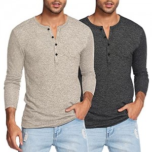 COOFANDY Men's 2Pack Slim Fit Henley Shirts Long Sleeve Lightweight Fashion Casual Cotton Basic T Shirts