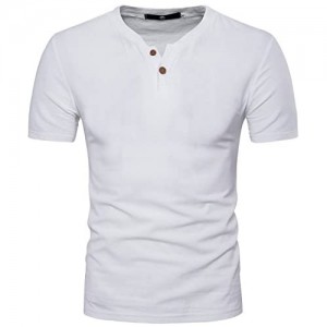 DELCARINO Men's Cotton Linen Henley Shirt Short Sleeve Summer Beach Casual T-Shirts
