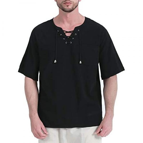 Fashonal Mens Linen Shirt Renaissance Casual Cotton Short Sleeve T Shirts Summer Tunic Tops for Men Black Medium