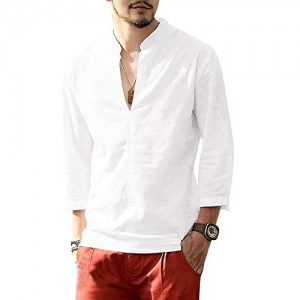 Karlywindow Mens Summer Casual Linen Henley Shirts Long Sleeve Solid Shirt
