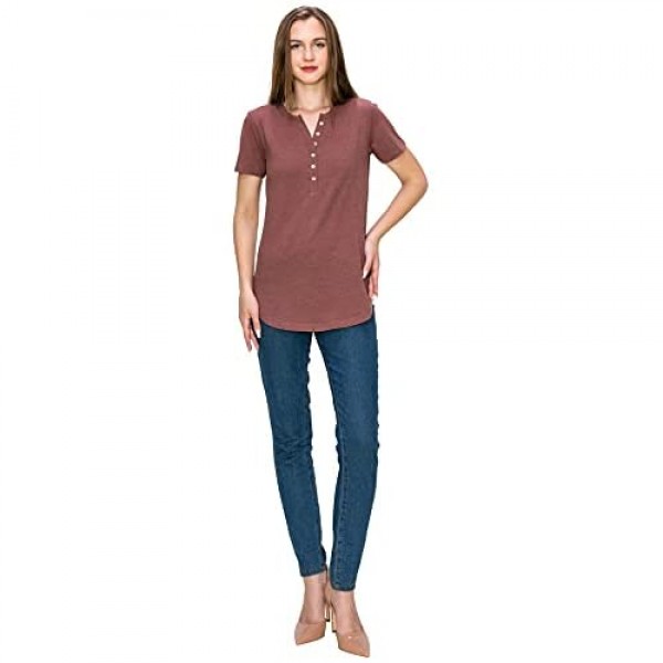 Long Round Hem V-Neck Button Casual Short/Long Sleeve Henley Heather T Shirt Top