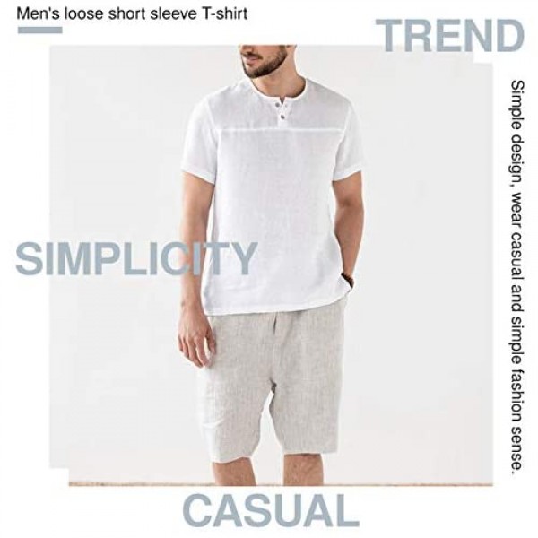 Men Short Sleeve Linen Henley Shirts Summer Casual Tops Cotton Beach T Shirts