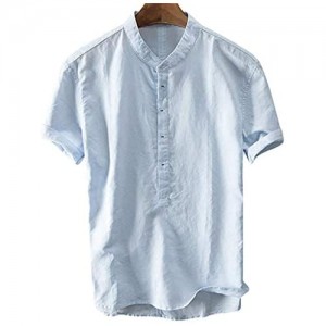 Men's Casual Linen Henley Shirt - Beach Hippie Shirts Button Up Solid Color Pullover Top Summer Blouse -5 Colors
