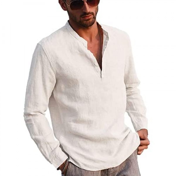 Men's Cotton Linen Henley Shirt - Loose Fit Long Sleeve T-Shirt Beach Yoga Tops