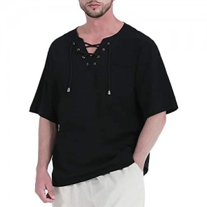Mens Hippie Shirts Lace Up V Neck Tunics Linen Cotton Yoga Beach Short Sleeve Tops  Black  X-Large