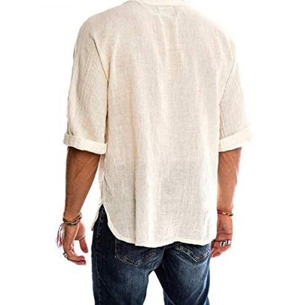 Mens Linen T-Shirt Casual V Neck Cotton Linen Half Sleeve Drawstring Tee Hippie Shirts Holiday Tops