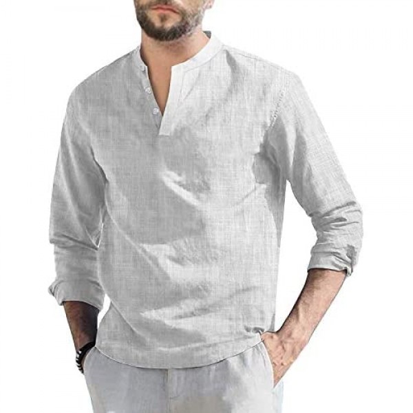 Mens Long Sleeve Henley Shirt Linen Cotton Loose Fit Summer Casual Beach T-Shirts Tops