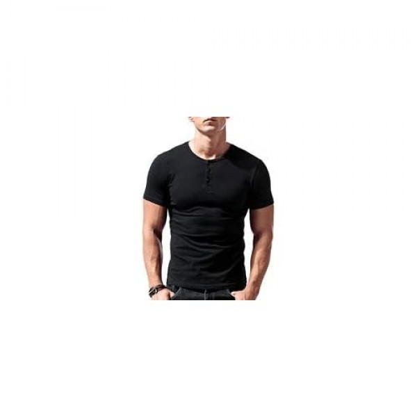 Men's Short Sleeve Beefy Henley Shirt Slim Fit Cotton with 3 Buttons Show Your Perfect Body