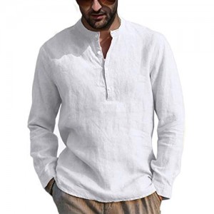 Pengfei Mens Henley Shirts Long Sleeve Linen Cotton Loose Summer Beach T-Shirt Casual Shirts