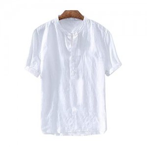 Pretifeel Mens Linen Henley Shirt Short Sleeve Beach Slim Fit Fashion Casual Tee Summer Lightweight Plain Blouse (X-Large  02 White)