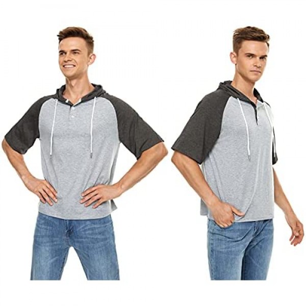 Satankud Men's Casual Raglan Short Sleeve Pullover Hoodie Henley Shirt X-Large