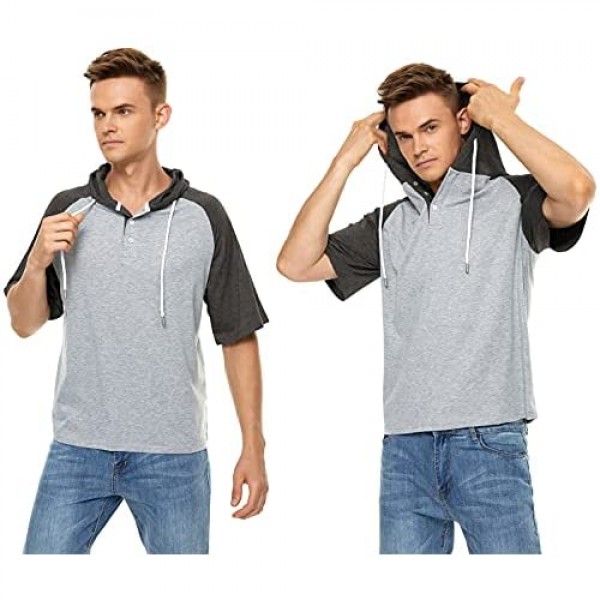 Satankud Men's Casual Raglan Short Sleeve Pullover Hoodie Henley Shirt X-Large