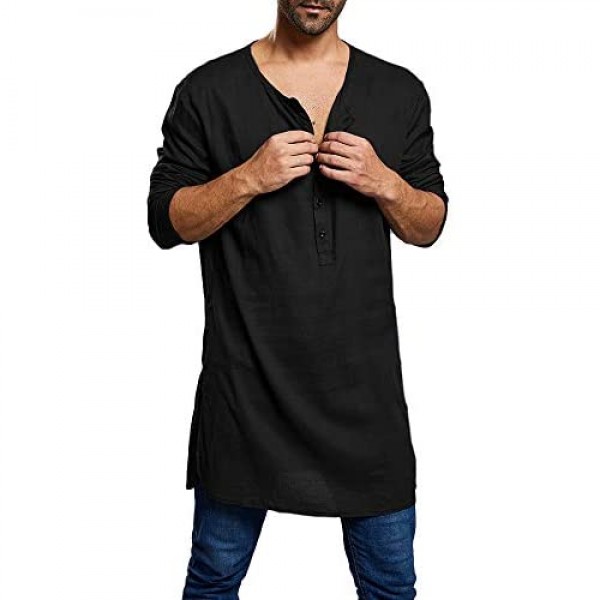 Taoliyuan Mens Kaftan Henley Shirts Tunic Longline Loose Fit Long Sleeve Light Kurta Pajama Sleepshirts